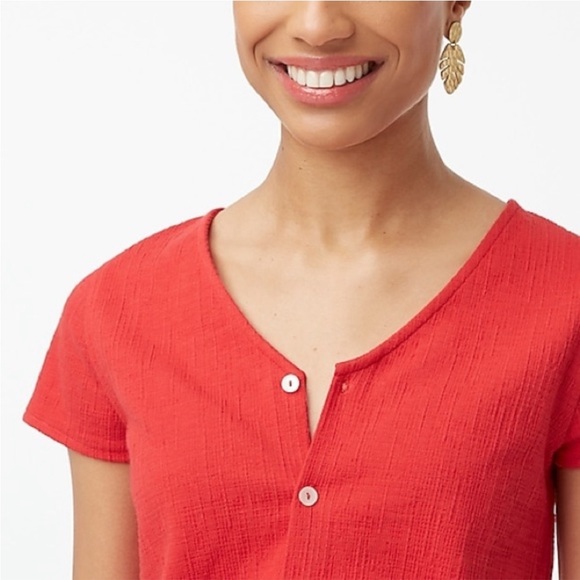 J. Crew Factory Tie Front Textured Top Buttons Red Summery Flirty Blouse Shirt - Picture 4 of 11